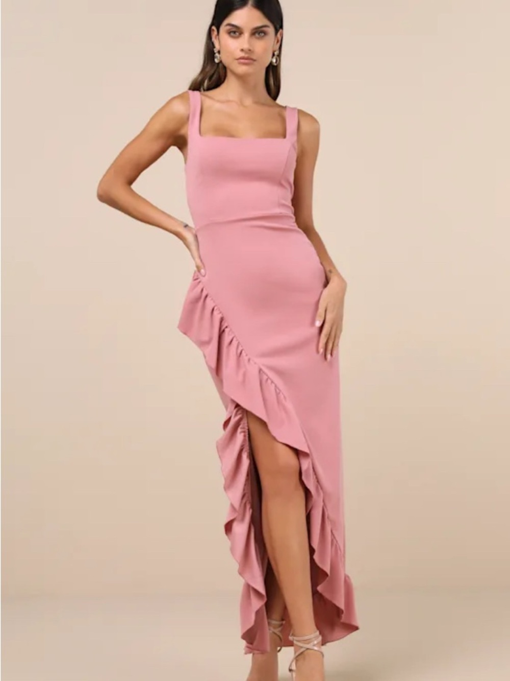 Lulus NWT size L Immaculate Excellence Pink Sleeveless Ruffled Tulip Maxi Dress